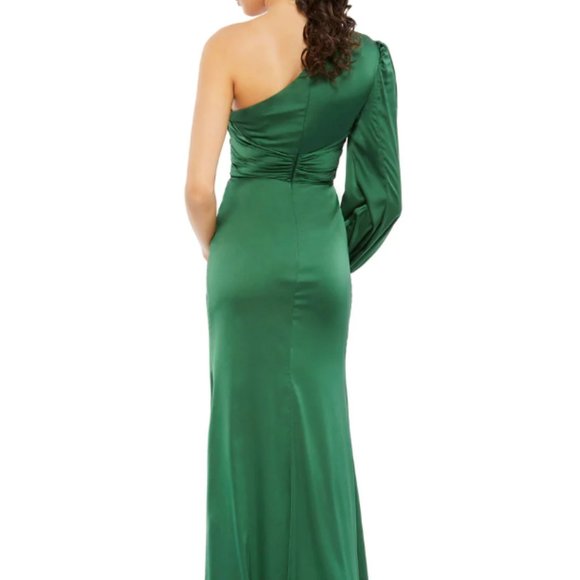 MAC DUGGAL 11251 ONE SHOULDER LONG SLEEVE DRAPED CHARMEUSE EMERALD GREEN sz 4 - Picture 2 of 6